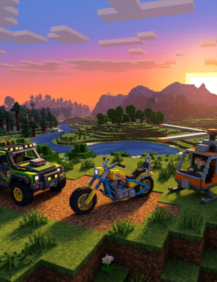 WMATM Vehicles mod: blocky voxel-style car, motorcycle, and helicopter parked on grassy terrain at sunset