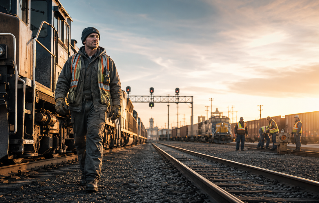 Rail worker walking beside a freight train. Claude Edward Elkins Jr.