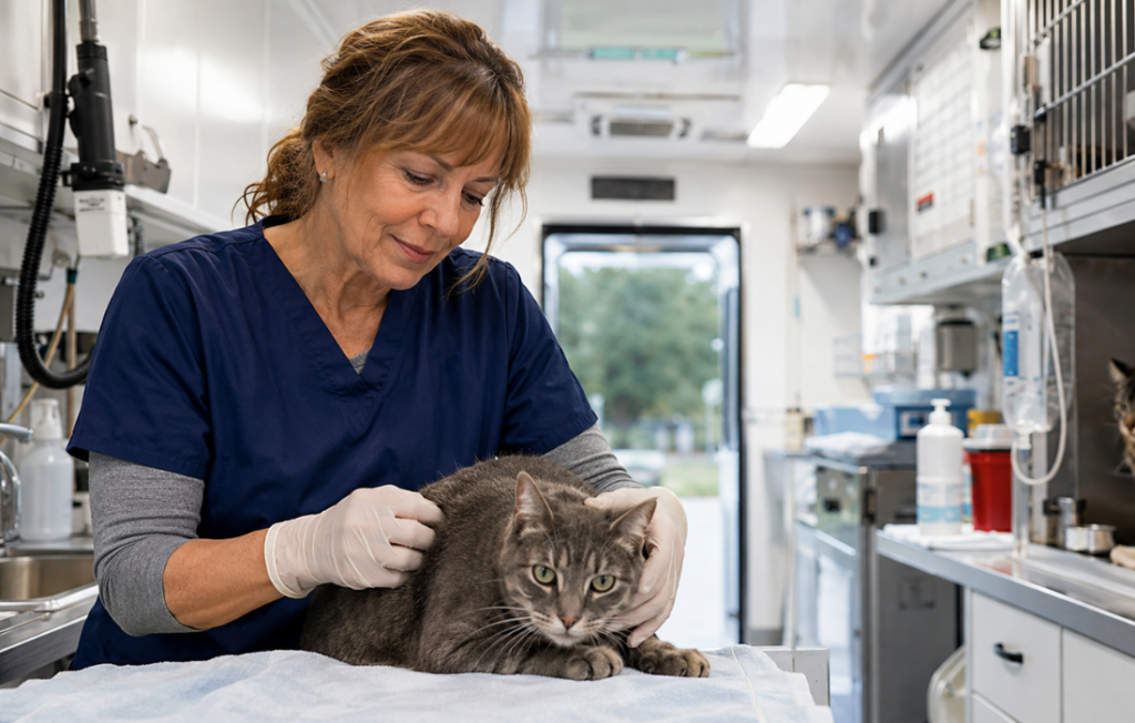 Donna Sicuranza examining a gray cat.
