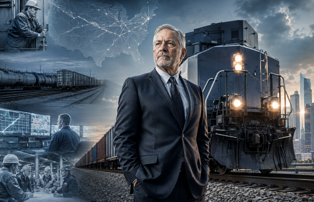 Rail industry leader with freight train. Claude Edward Elkins Jr.