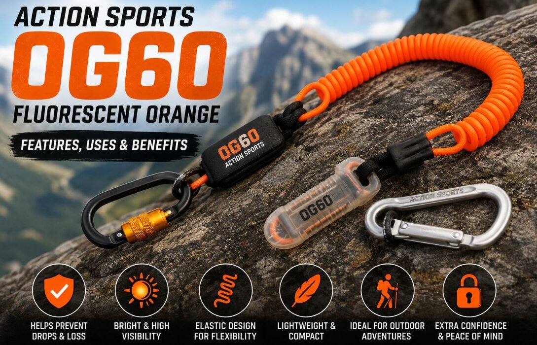 Action Sports OG60 Fluorescent Orange tether with carabiners on a rocky outdoor surface.