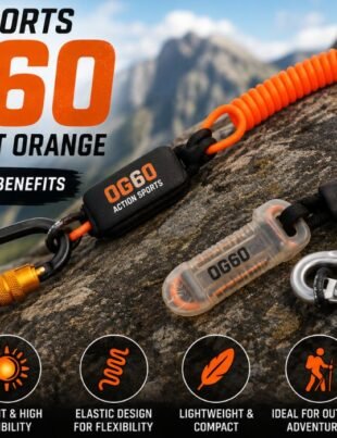 Action Sports OG60 Fluorescent Orange tether with carabiners on a rocky outdoor surface.