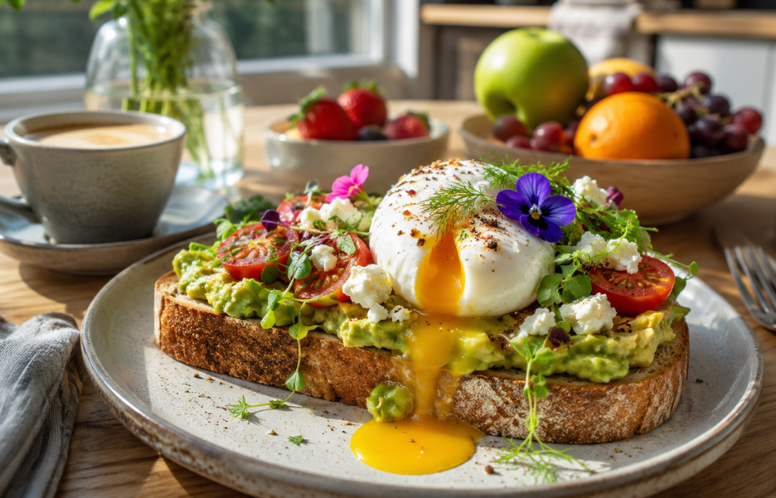 Toastul avocado toast topped with a perfectly poached egg, cherry tomatoes, feta cheese, microgreens, and fresh herbs on artisan sourdough bread.