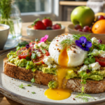 Toastul avocado toast topped with a perfectly poached egg, cherry tomatoes, feta cheese, microgreens, and fresh herbs on artisan sourdough bread.