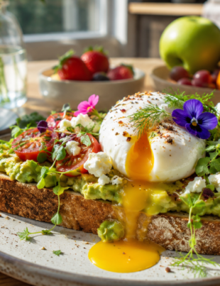 Toastul avocado toast topped with a perfectly poached egg, cherry tomatoes, feta cheese, microgreens, and fresh herbs on artisan sourdough bread.