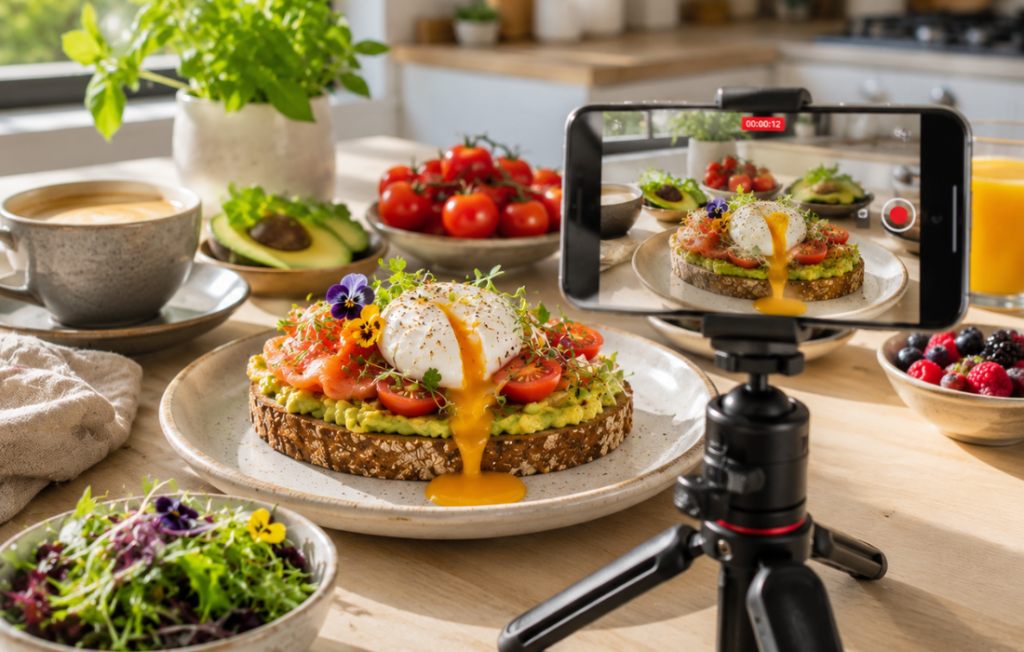 Toastul avocado toast with smoked salmon, poached egg, cherry tomatoes, and microgreens, captured on a smartphone for food content.