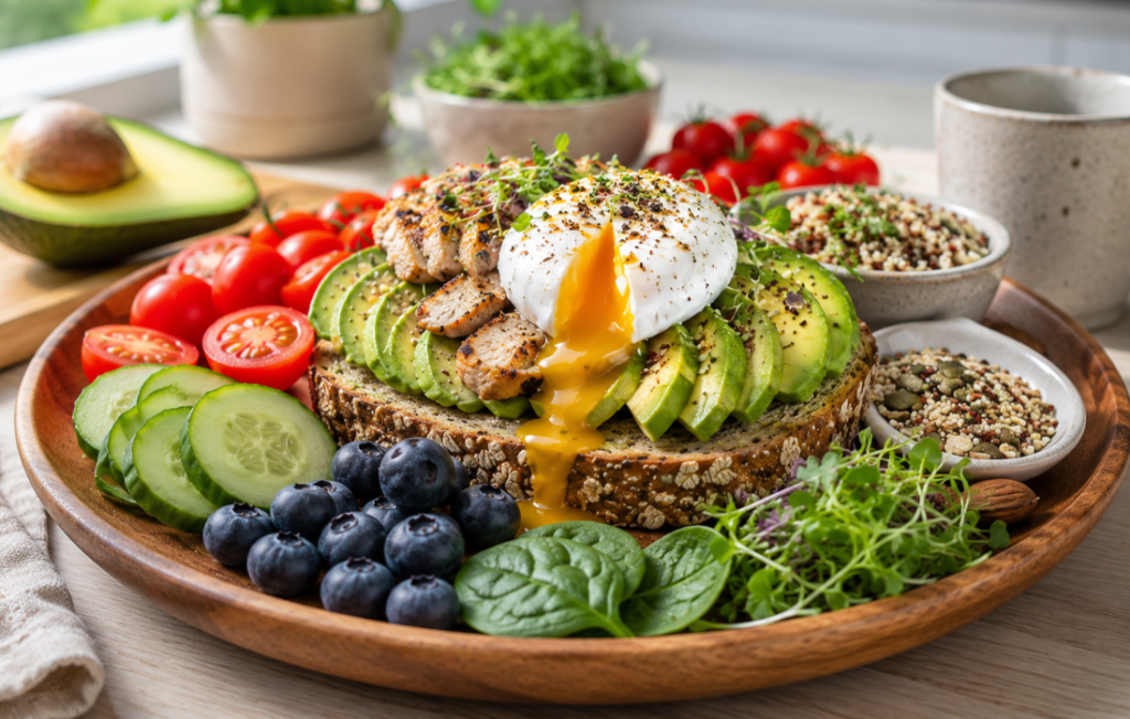 Toastul healthy avocado toast with grilled chicken, poached egg, fresh vegetables, blueberries, and whole grain bread.