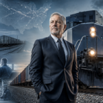 Rail industry leader with freight train. Claude Edward Elkins Jr.