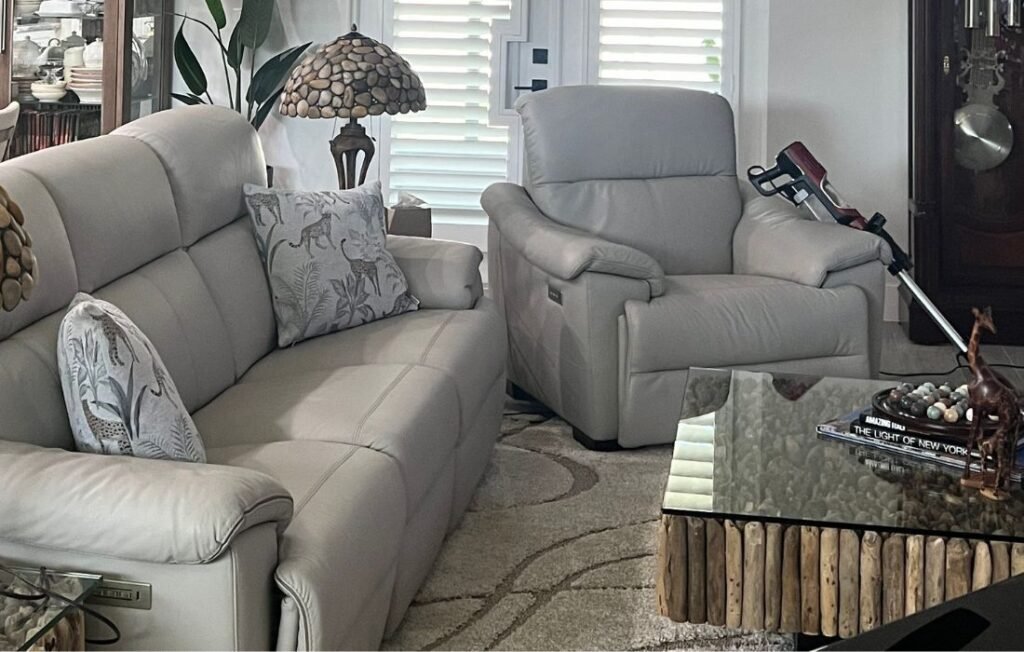 Calvin Power Reclining Sofa in Pecan with matching power recliner