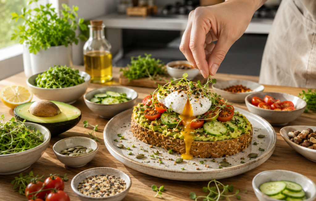 Toastul avocado toast being prepared with a poached egg, cucumber, cherry tomatoes, microgreens, and whole grain bread.