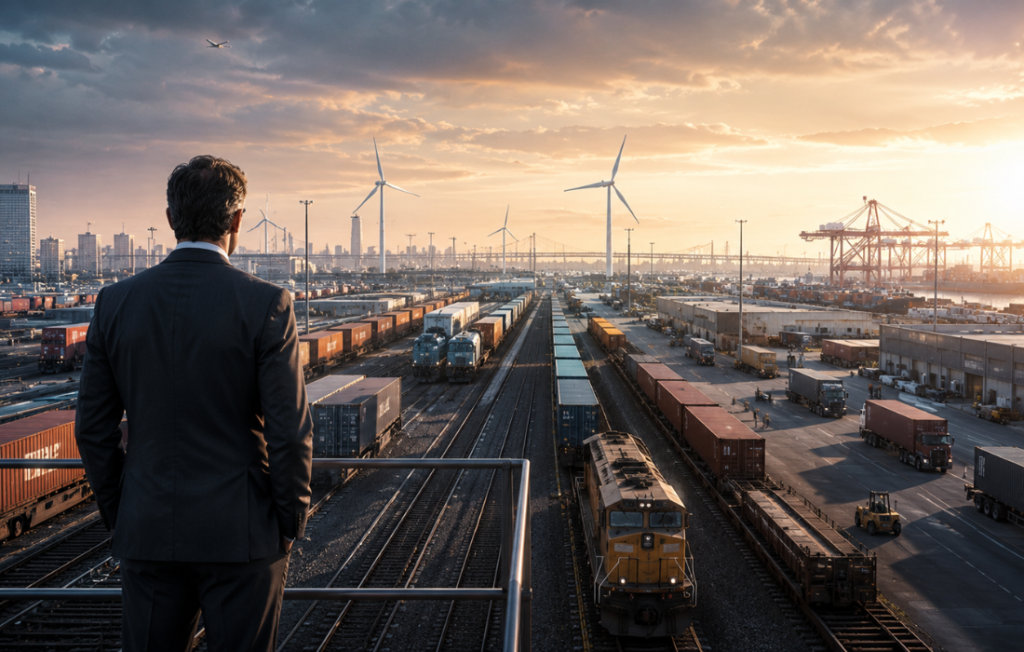 Rail freight terminal at sunset. Claude Edward Elkins Jr.