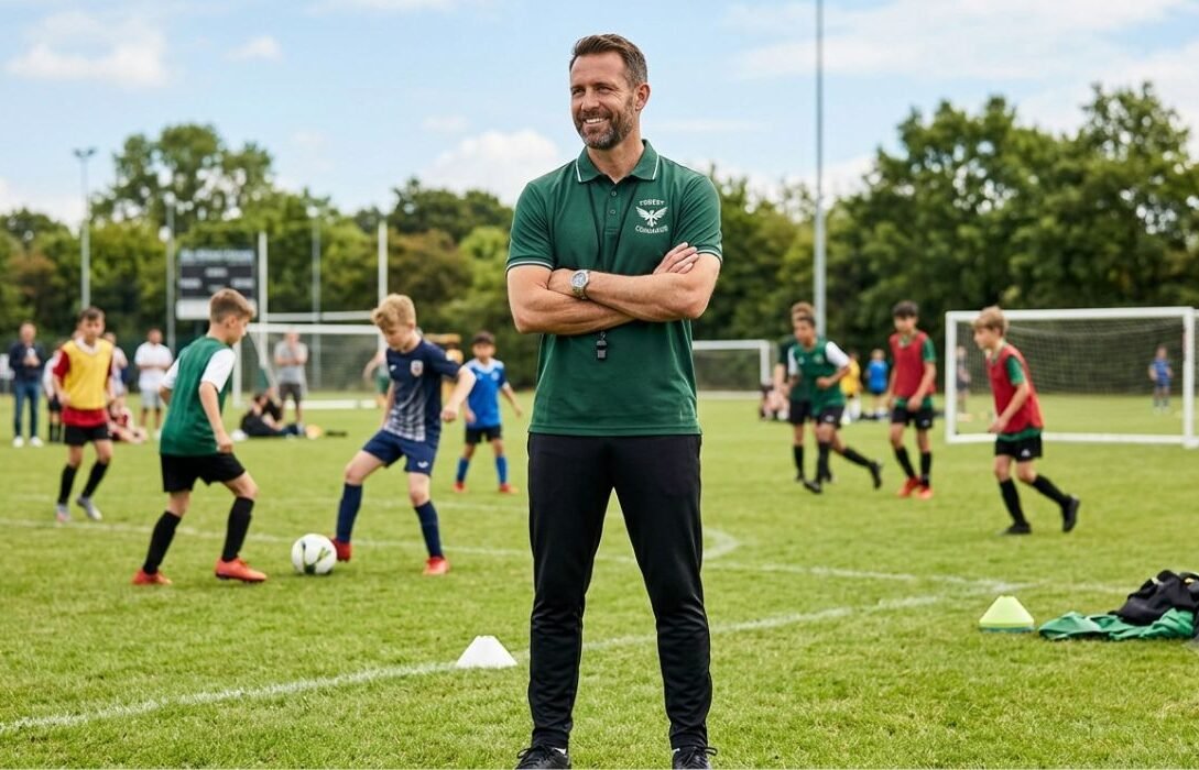 A confident coach wearing a dark green Forest Command polo shirt standing on a grassy sports field during a youth practice session.