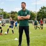 A confident coach wearing a dark green Forest Command polo shirt standing on a grassy sports field during a youth practice session.