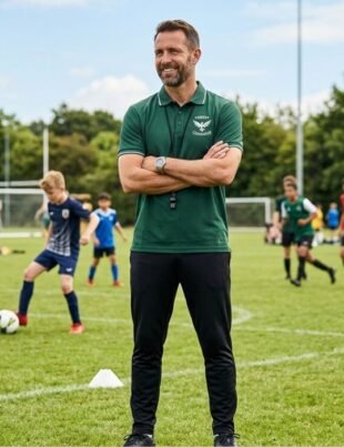 A confident coach wearing a dark green Forest Command polo shirt standing on a grassy sports field during a youth practice session.