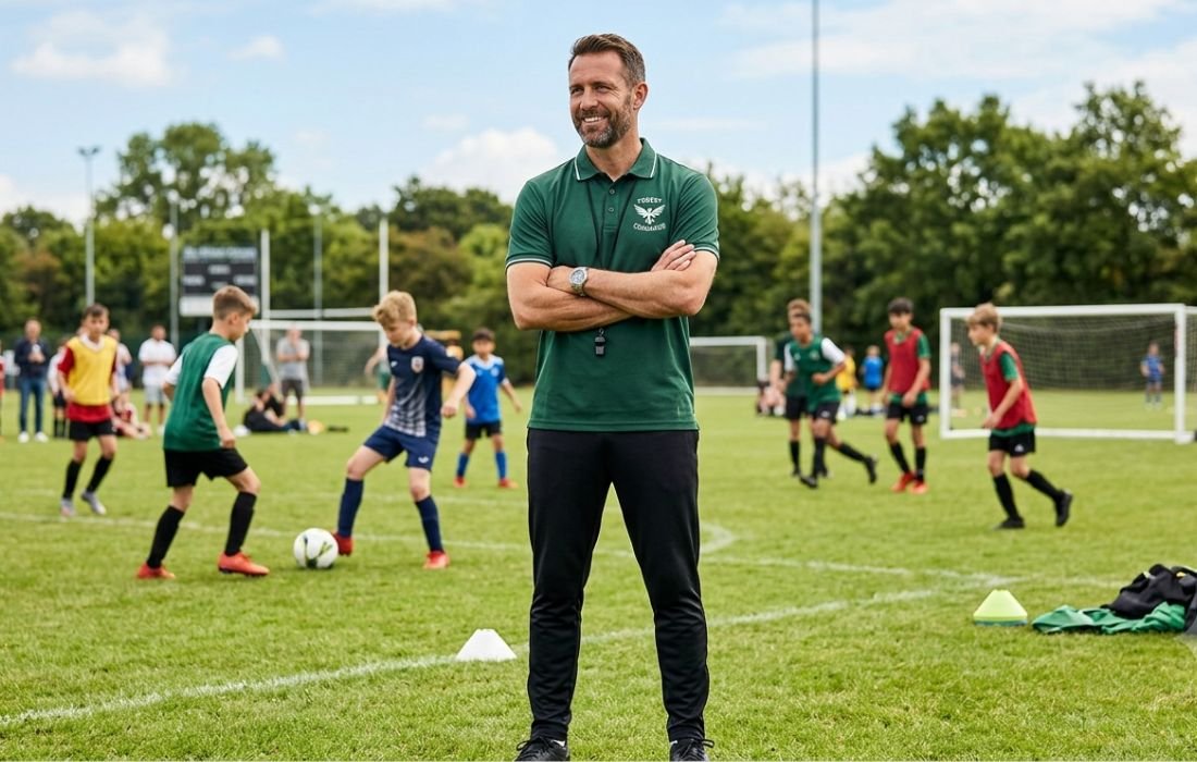 A confident coach wearing a dark green Forest Command polo shirt standing on a grassy sports field during a youth practice session.