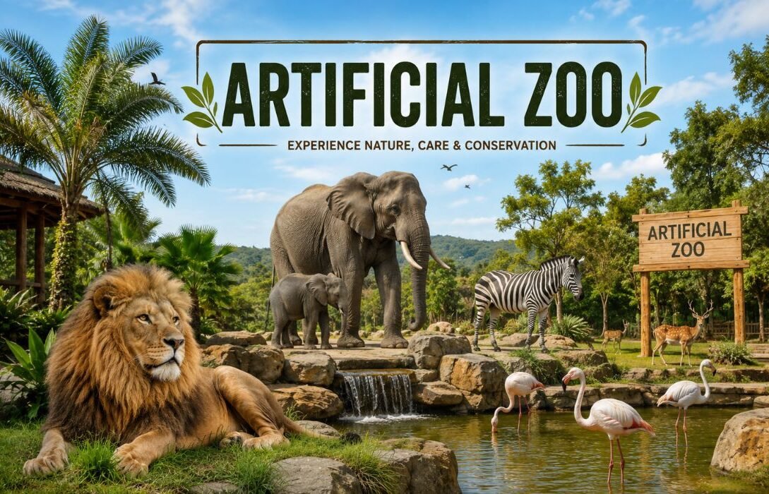 Artificial Zoo with lion, elephant, zebra, deer, and flamingos in natural habitats