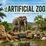 Artificial Zoo with lion, elephant, zebra, deer, and flamingos in natural habitats