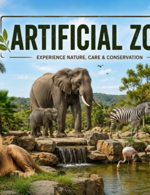 Artificial Zoo with lion, elephant, zebra, deer, and flamingos in natural habitats