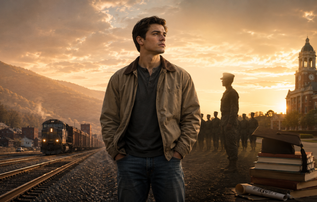 Young man near a railway at sunset. Claude Edward Elkins Jr.