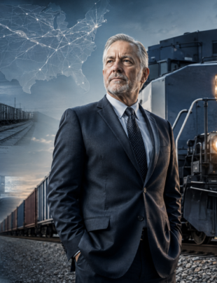 Rail industry leader with freight train. Claude Edward Elkins Jr.