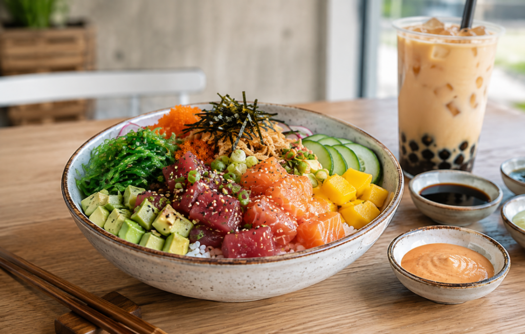 Pokemee poke bowl with tuna, salmon, avocado, mango, and seaweed.