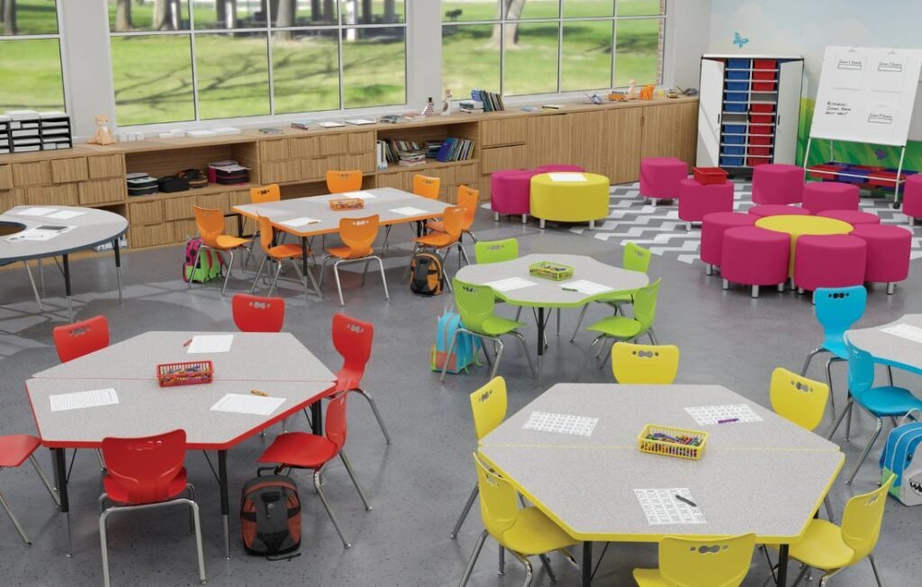 Colorful modular classroom furniture layout comparable to AmTab FishDesk2433 flexible desk arrangements
