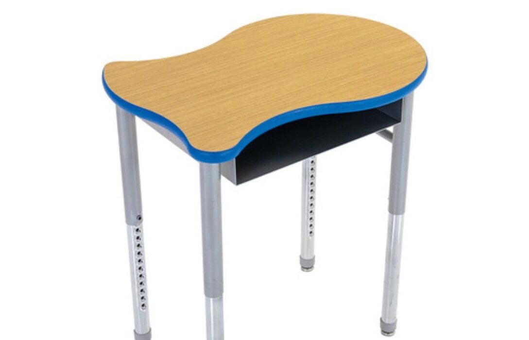 AmTab FishDesk2433 fish-shaped collaborative learning desk with adjustable height and book storage