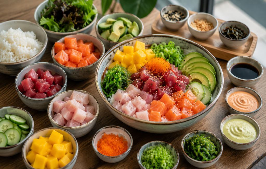 Pokemee poke bowl with fresh salmon, tuna, avocado, mango, and toppings