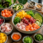 Pokemee poke bowl with fresh salmon, tuna, avocado, mango, and toppings