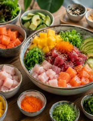 Pokemee poke bowl with fresh salmon, tuna, avocado, mango, and toppings