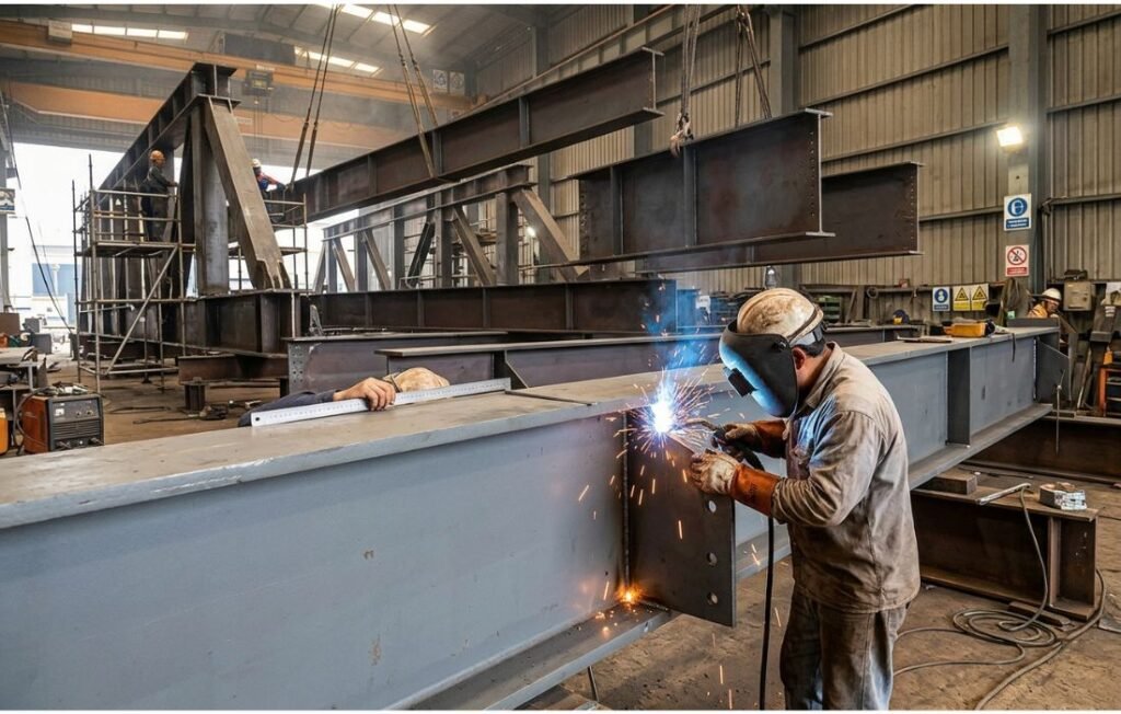 A worker welding heavy structural StE500 steel I-beams inside a large industrial fabrication workshop.