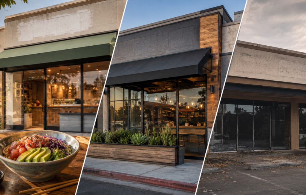 Pokemee restaurant storefronts with a fresh poke bowl.
