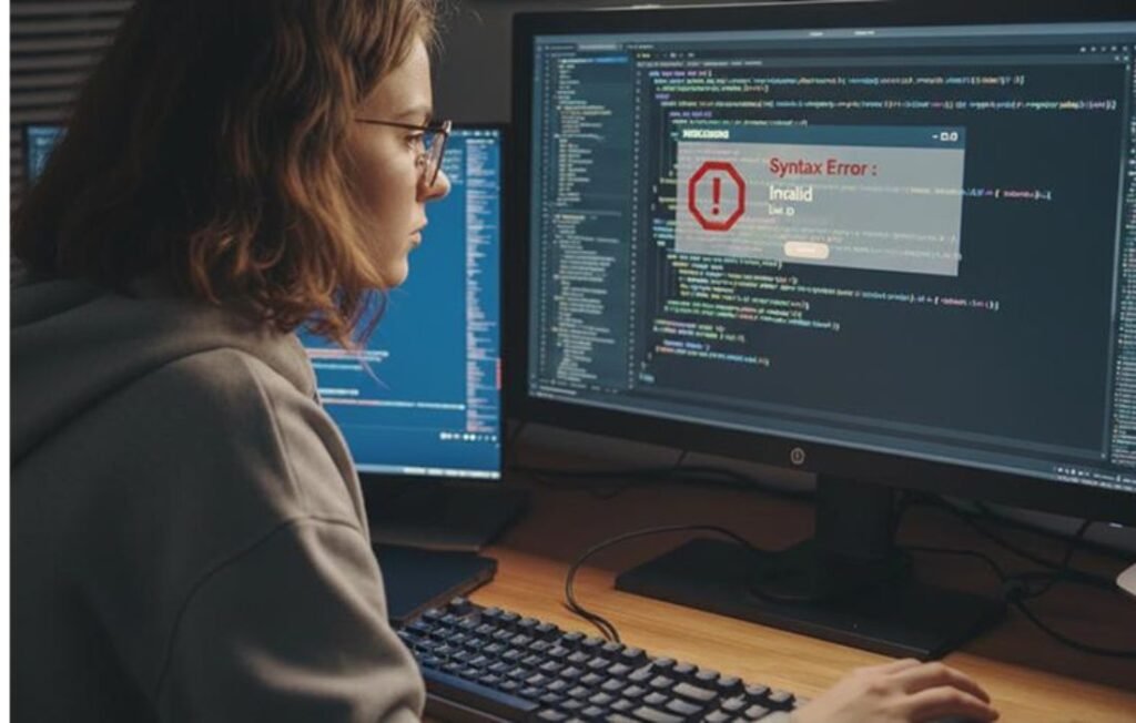 Programmer debugging JavaScript code with syntax error on computer screen