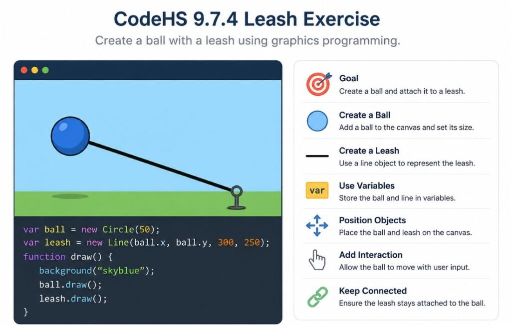 9.7.4 Leash CodeHS Answers exercise with ball and leash programming example