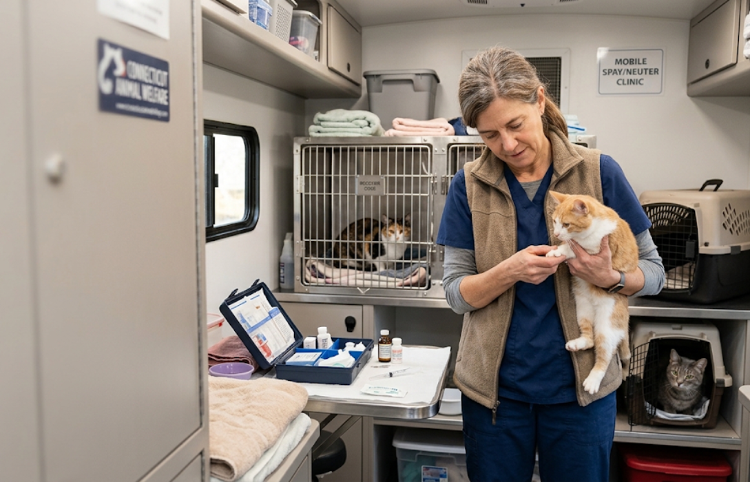 Donna Sicuranza examining an orange and white cat.