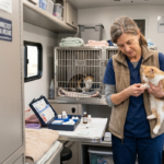 Donna Sicuranza examining an orange and white cat.