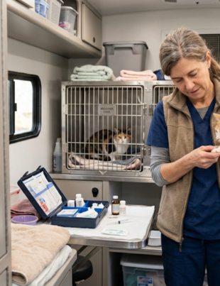 Donna Sicuranza examining an orange and white cat.