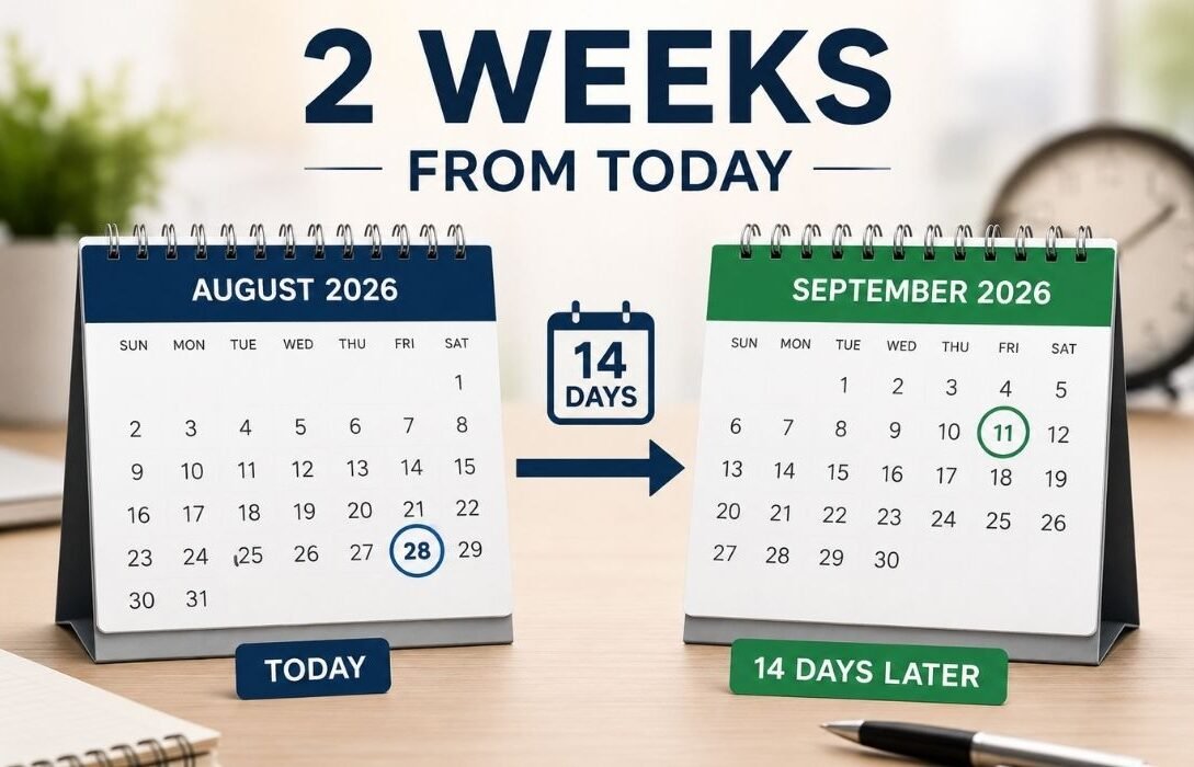 2 weeks from today showing August 28 to September 11, 2026