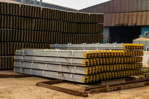StE500 high-strength steel sections stored for construction