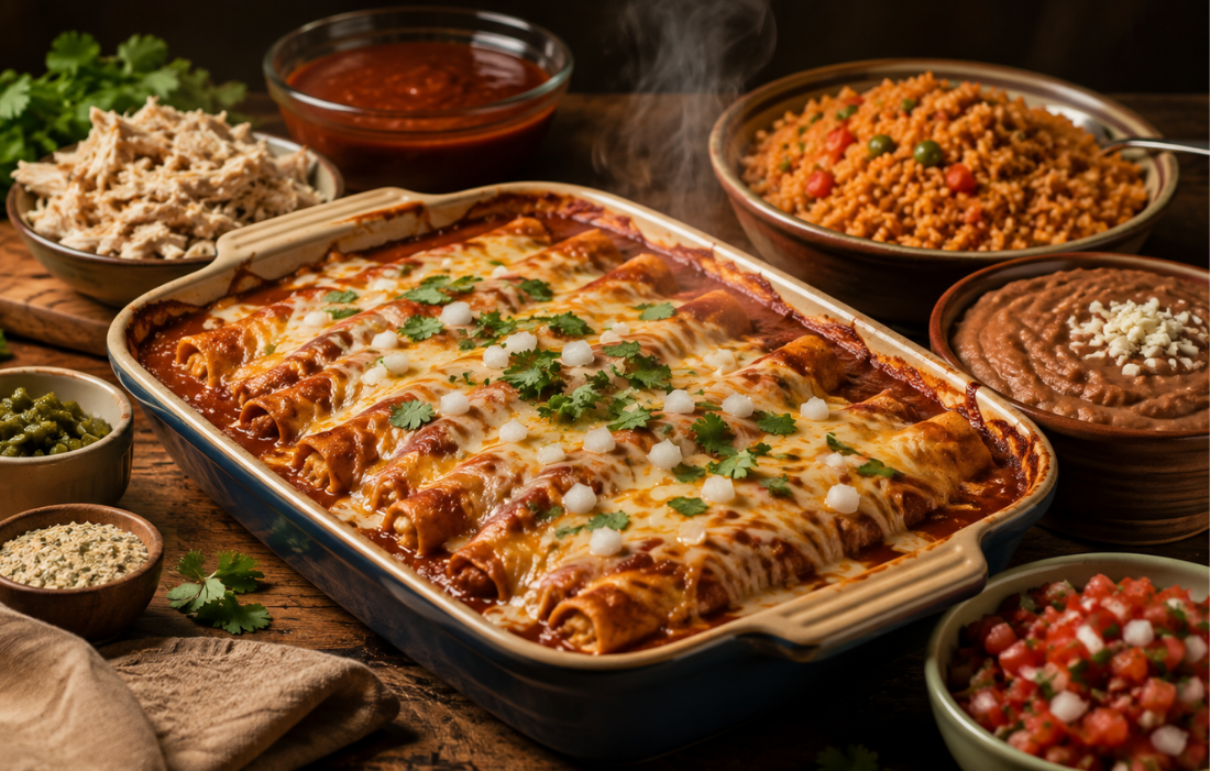 Cheesy Mexican enchiladas with rice, beans and salsa