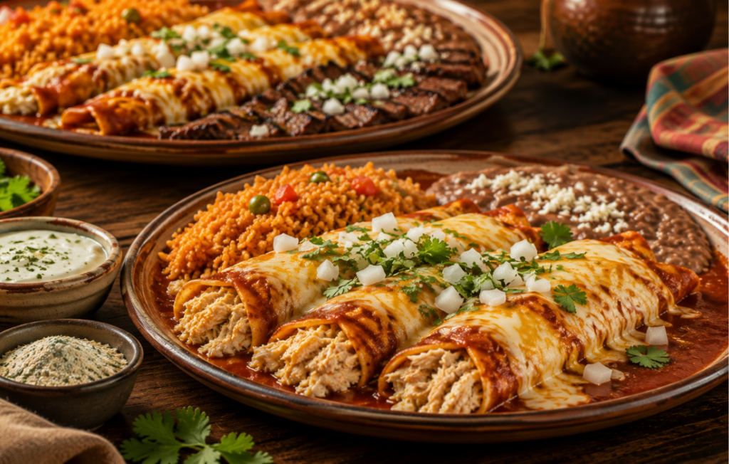 Chicken enchiladas with Mexican rice and refried beans