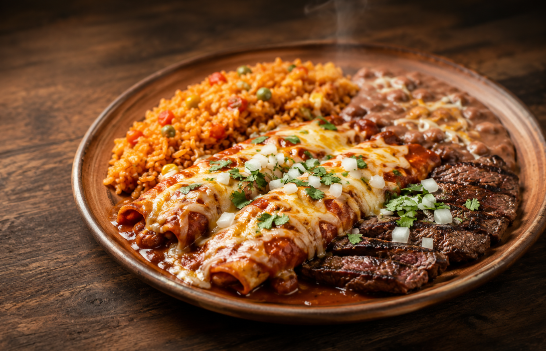 Mexican enchiladas with rice, beans, and grilled steak