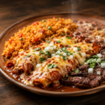 Mexican enchiladas with rice, beans, and grilled steak