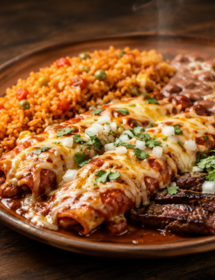 Mexican enchiladas with rice, beans, and grilled steak