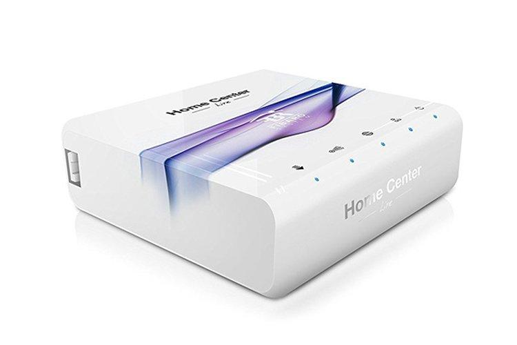Home Center Lite smart hub angled view with connectivity ports