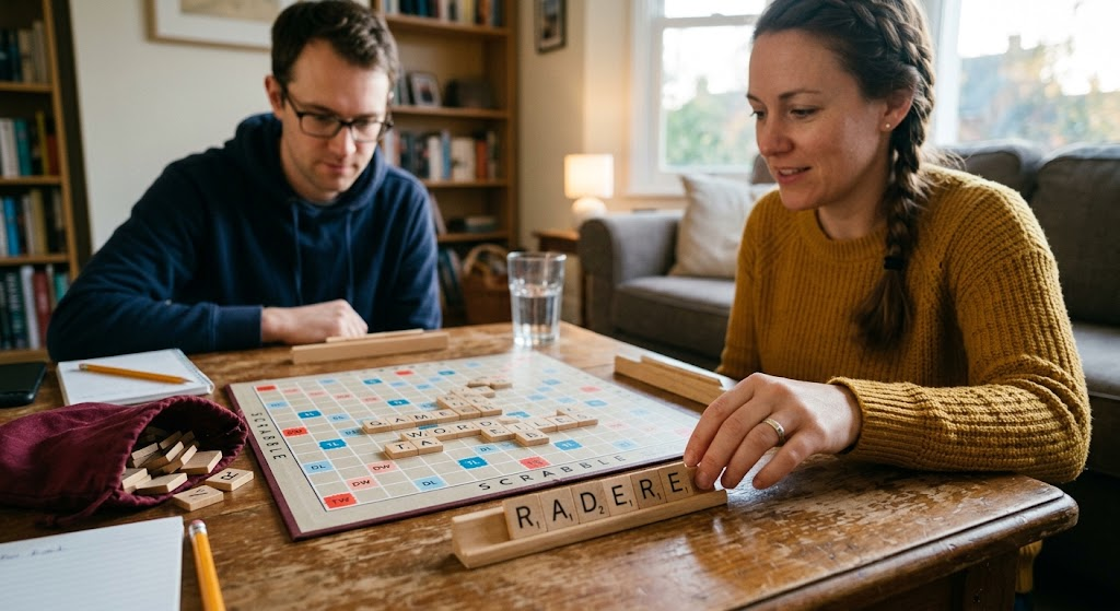 Players solving an Arreed word puzzle during a Scrabble game