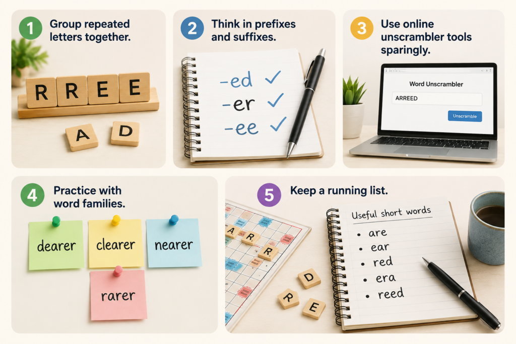 Arreed word scramble solving tips with letter tiles and notes