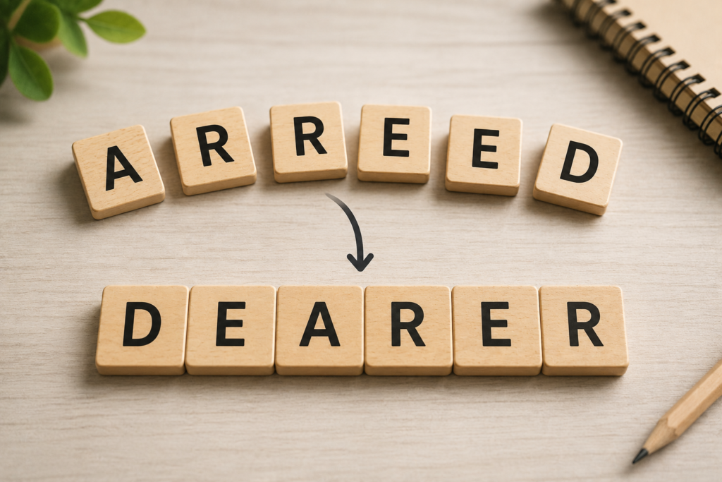 Arreed letters rearranged to form the word dearer
