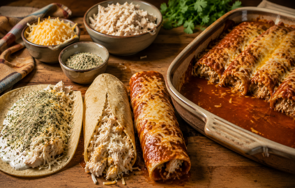 Chicken enchiladas with shredded chicken and cheese